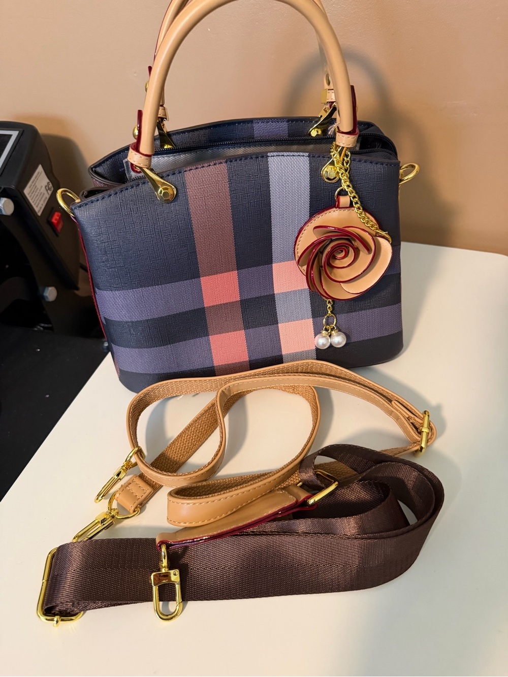Structured Plaid Top-Handle Satchel in Navy and Peach